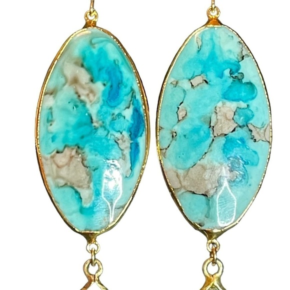 10K Gold Plated Stained Oval Shell Drop Earrings With Sage Glass Teardrop Dangle - Picture 3 of 9